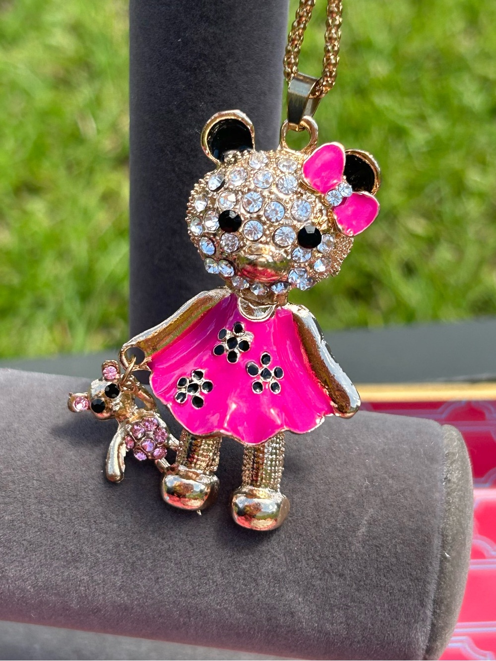 Betsey Johnson Bear Doll Necklace with Rhinestones & Double Bear Charm